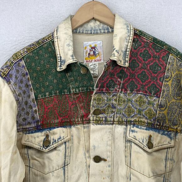 NAF NAF Jacket Mens S Bandana Patchwork Trucker Acid Washed Denim Blue VTG - Picture 5 of 16